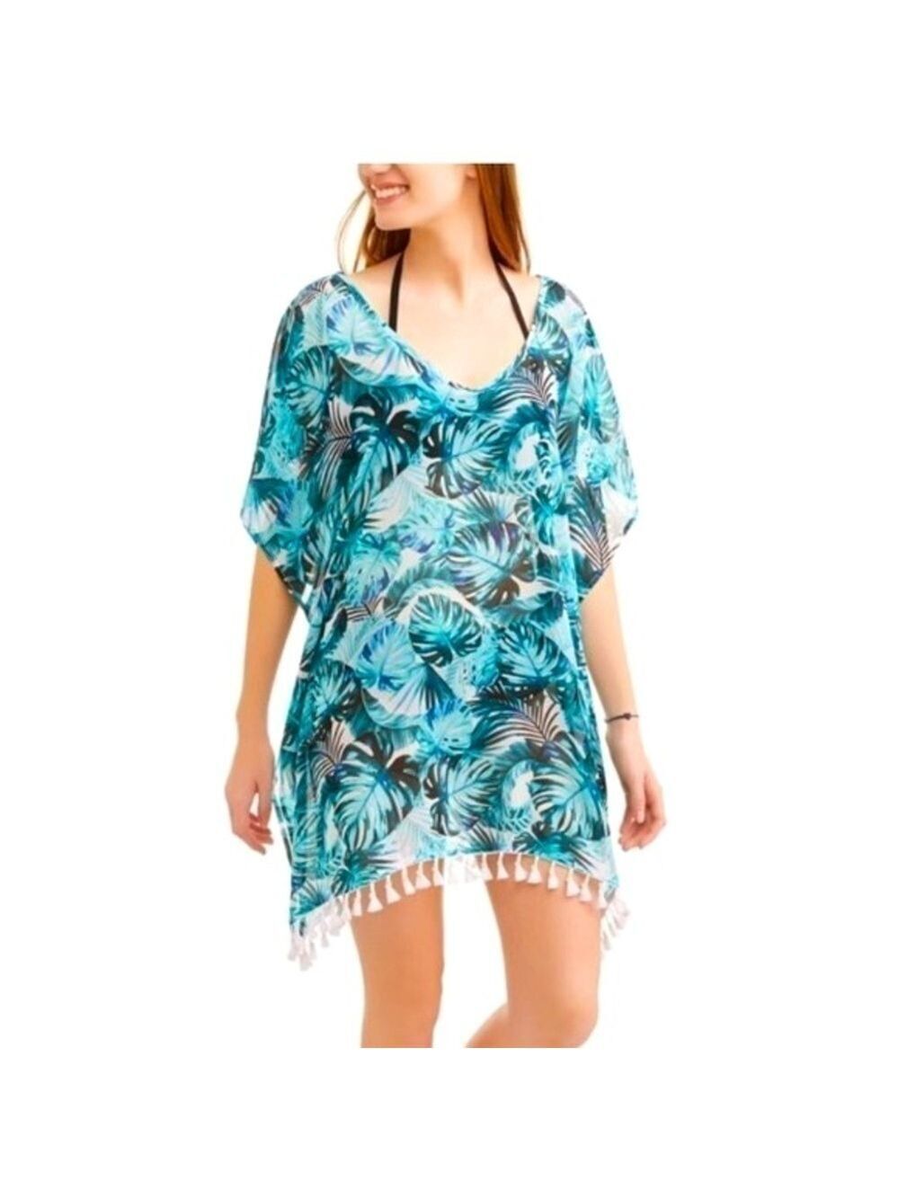 Beach Coverup with Crisscross Straps Fringe Blue Leaf Print Med